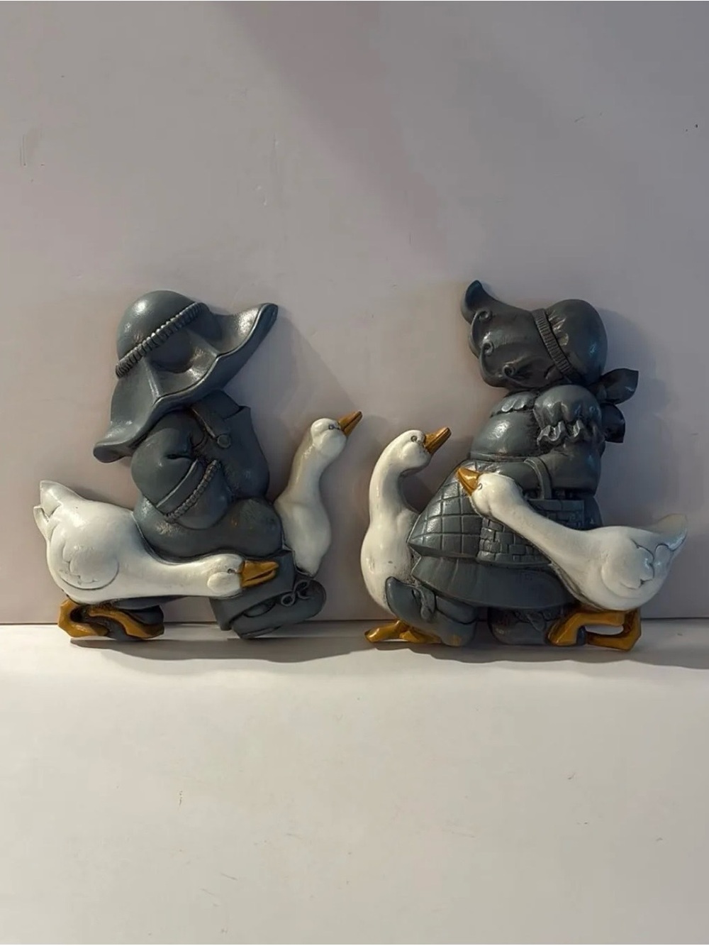 Vintage Burwood Boy and Girl with Goose / Geese Wall Plaque-Pair